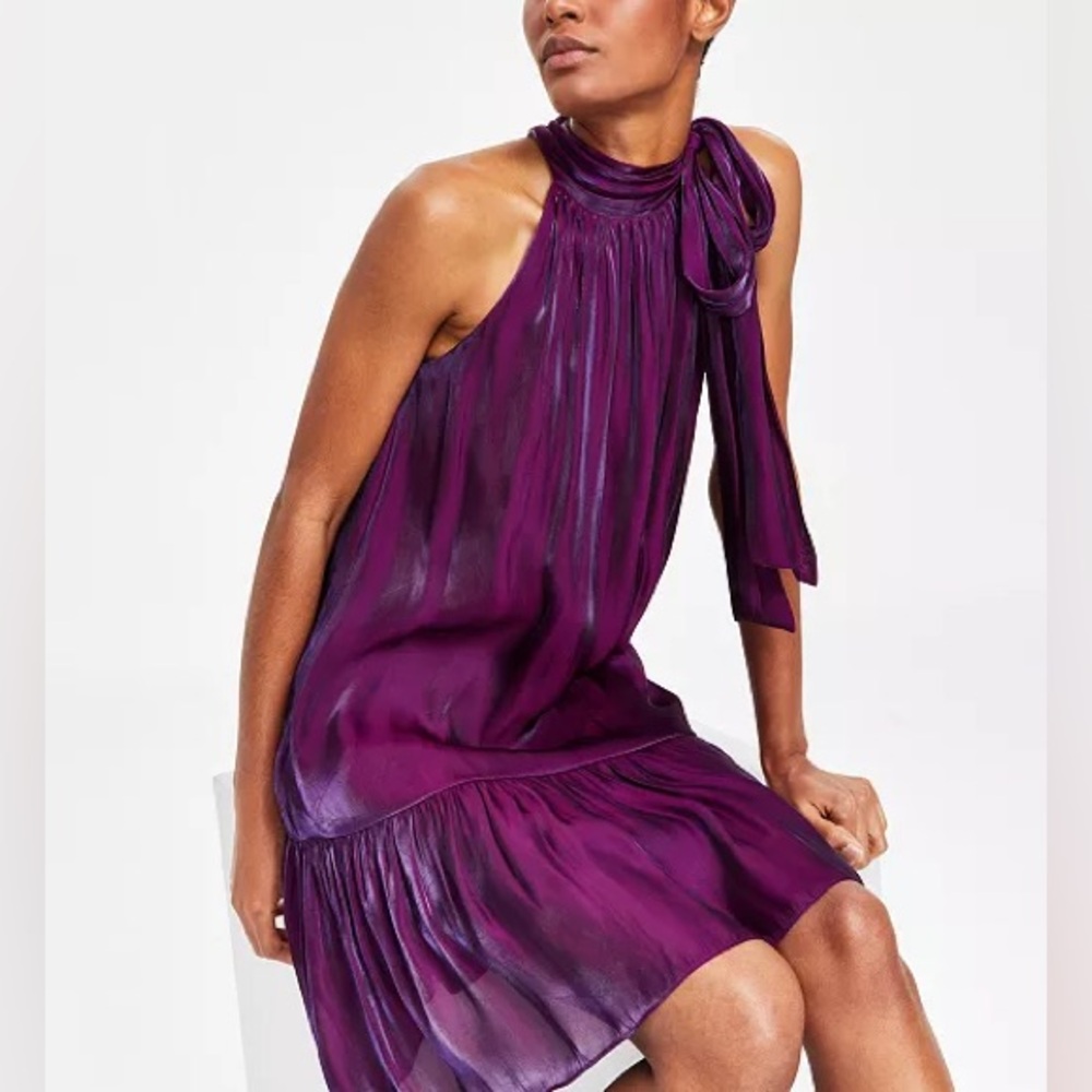 Anne Klein Iridescent Tiered Shift Dress Bow Tie Neck Party Cocktail Purple Bloo - Picture 3 of 15